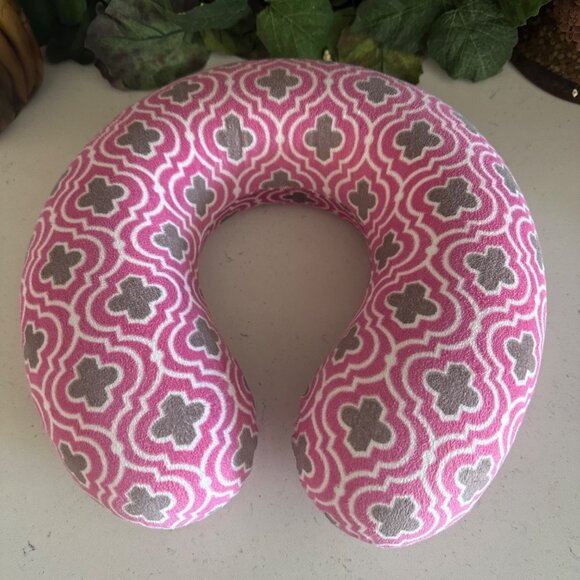 Travel Neck Pillow Pink & Gray Geometric Pattern Plush 12" x 10" - Picture 1 of 6